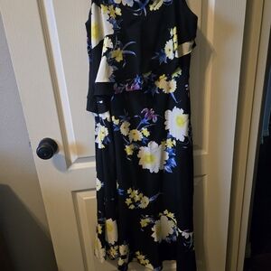 Roz & Ali Black Asymmetrical Dress with Yellow Floral Pattern